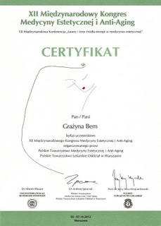 XII Międzynarodowy Kongres Medycyny Estetycznej i Anti-Aging - Certyfikat